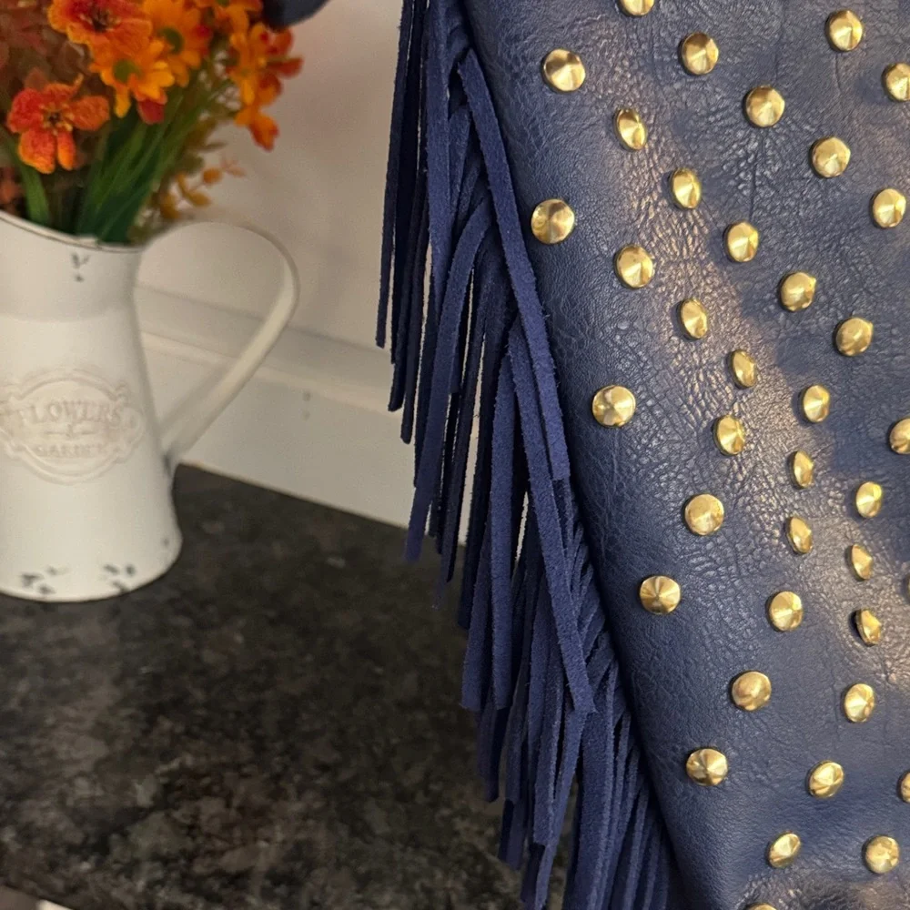 Navy Studded Hobo Bag with Tassel Accent